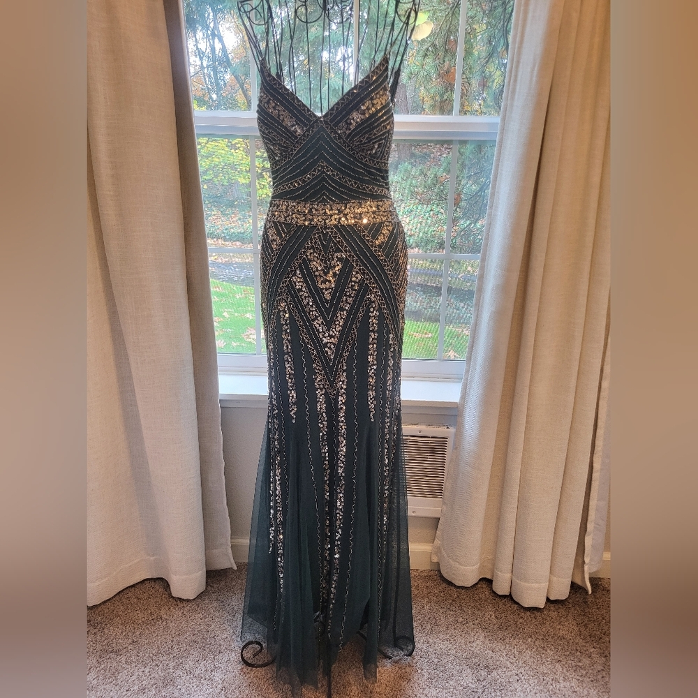MARINA Dark Green and Silver Maxi Dress